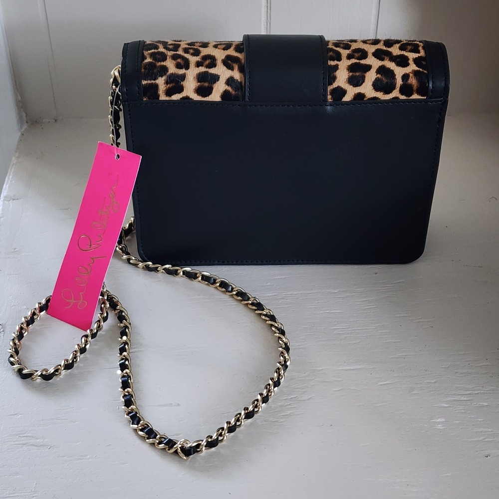 Lilly Pulitzer Handbag, NWT Dobson Crossbody Leopard/ Blk   with Gold Chain - Picture 3 of 16